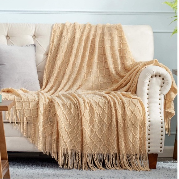 White Farmhouse Classic Chic Tassel Knit Throw Cozy Fringe Patterned Blanket - Picture 13 of 16